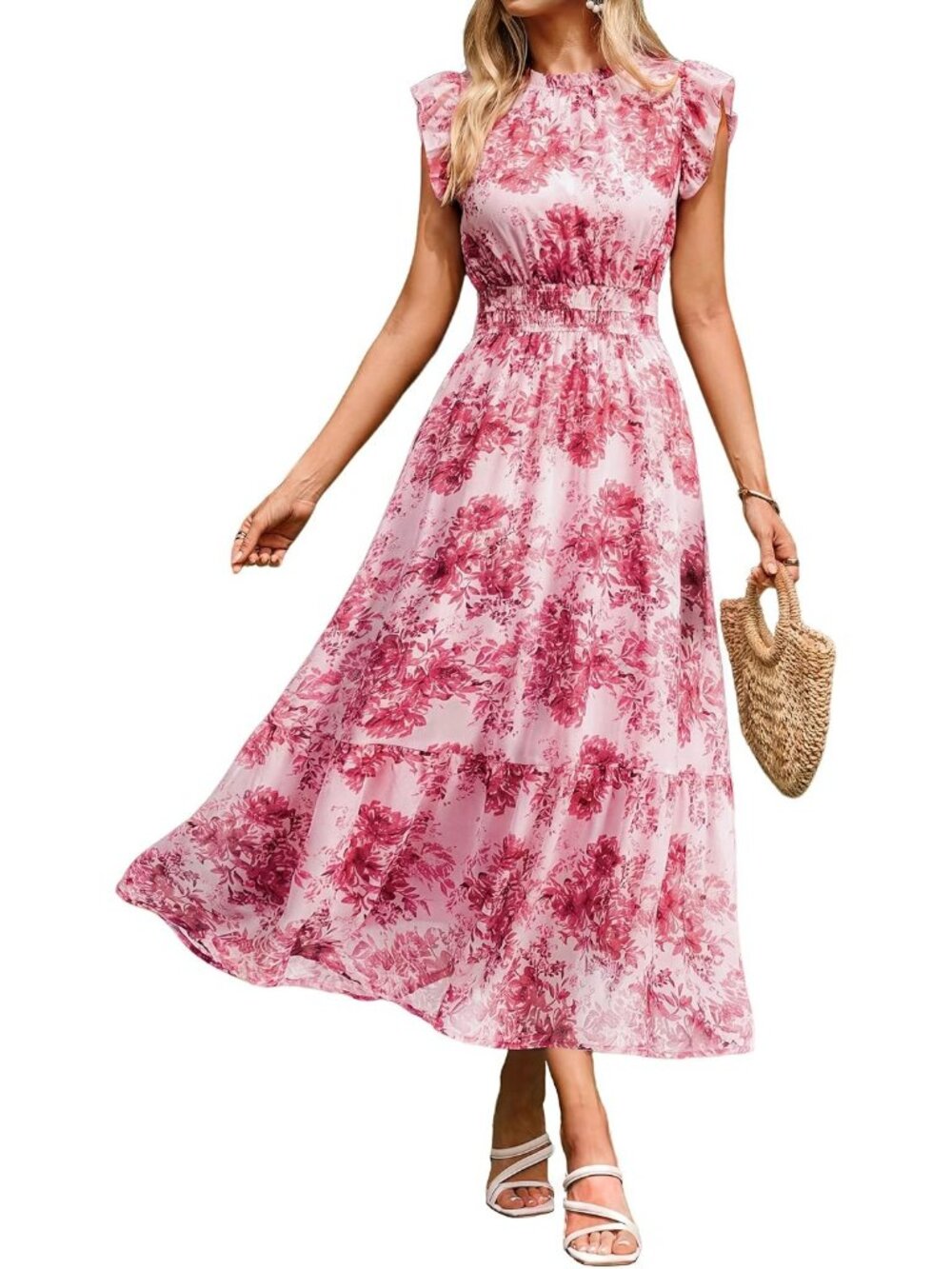 Women's Pink Red Short Sleeve Crew Neck A LINE Imported Casual Maxi Dress - Picture 1 of 7